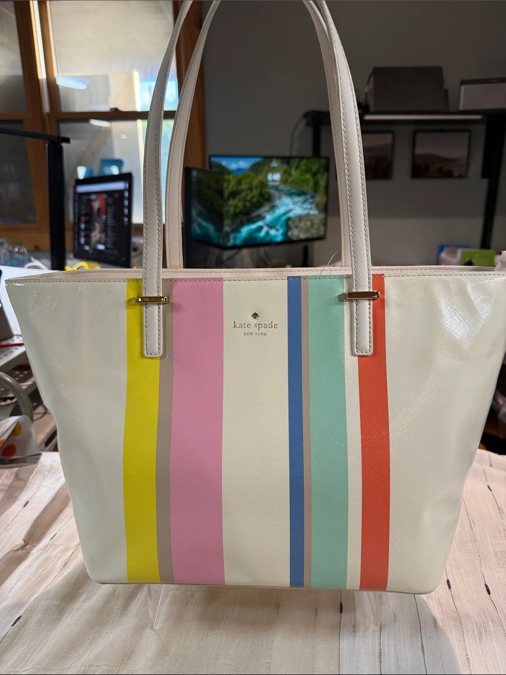 kate spade White Tote with Yellow, Pink, Blue, Mint & Coral Stripes